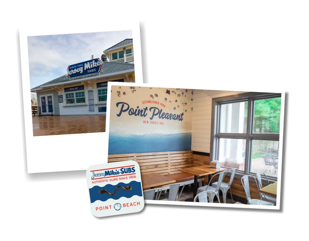 Photos of a modern Jersey Mike’s shop on the boardwalk in Point Pleasant, New Jersey, and an interior dining area with an 'Established 1956' wall mural.