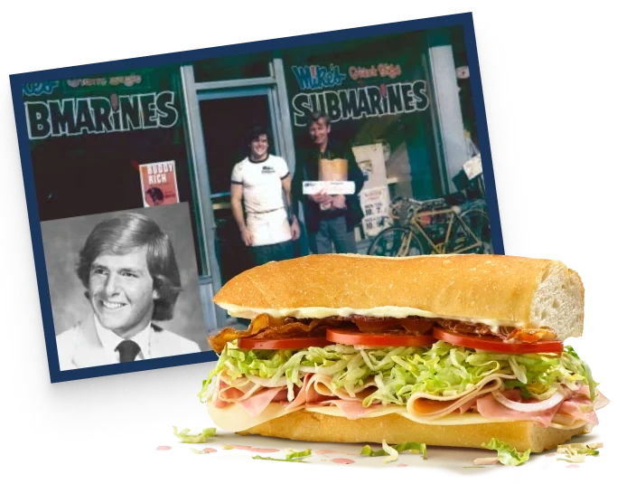 Collage of an early Jersey Mike’s storefront with two staff members outside, a headshot of a young store worker, and a freshly made sub sandwich.